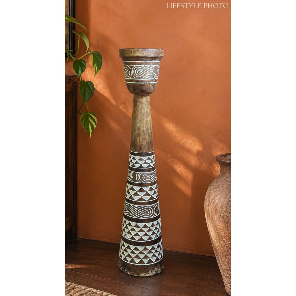 Large Carved Wood Pillar Candle Holder Tribal Boho Floor Decor